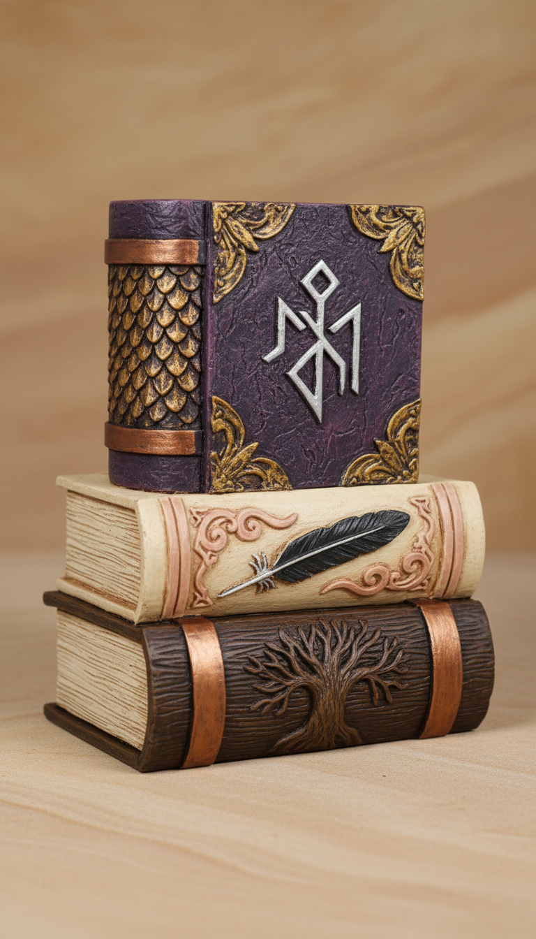Stapelbare Buchdeko mit Fantasy-Motiven
