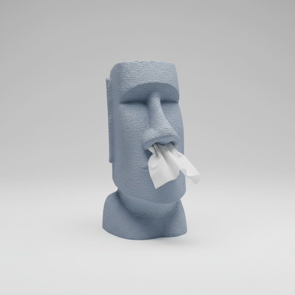 Moai Taschentuchspender aus dem 3D-Druck in Blaugrau, Taschentuch kommt aus der Nase