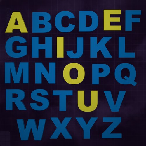 3D-gedrucktes Alphabet-Set A-Z in Blau und Gelb