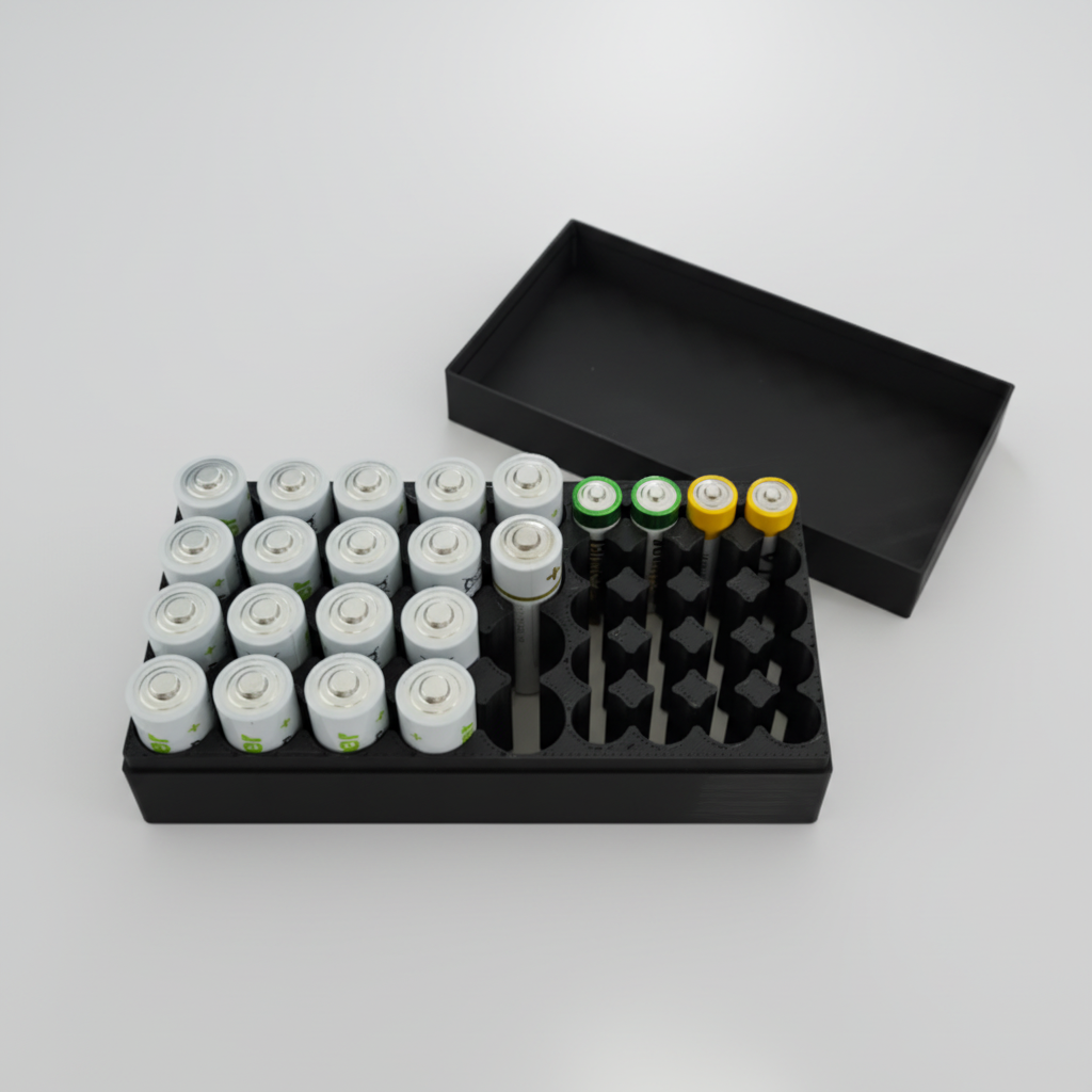 Schwarze Batteriebox aus dem 3D-Druck mit AA- und AAA-Batterien und abnehmbarem Deckel