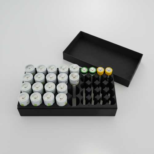 Schwarze Batteriebox aus dem 3D-Druck mit AA- und AAA-Batterien und abnehmbarem Deckel